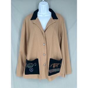 90s Vintage Jacket Womens Large Tan Blazer Artsy Western Button Boho Retro USA